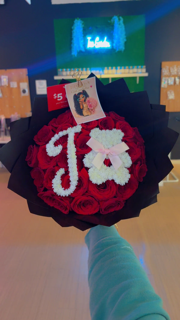 Fresh 25ct Red Rose Bouquet with custom Baby’s Breath Letter + Bear Symbol