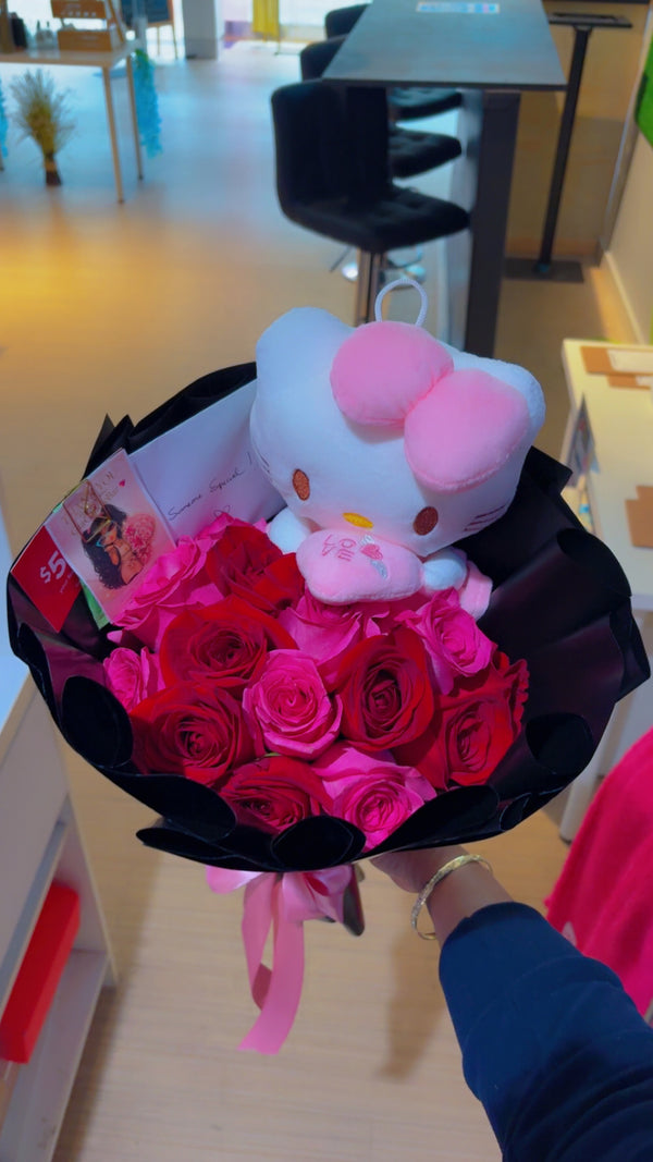 Fresh 12ct Pink + Red Rose Bouquet with Plushie + Custom Love 💕 Note