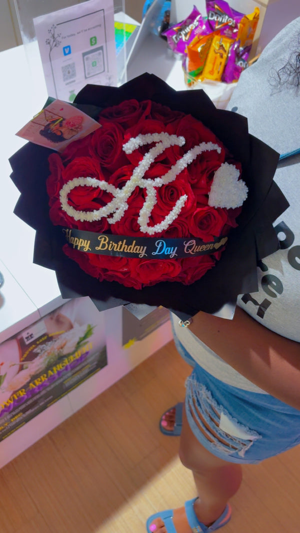 Fresh 25ct Red Rose Bouquet with Custom Banner + Baby’s Breath Letter + Heart